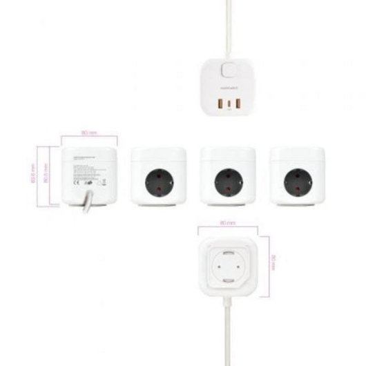 Régua de tomadas Nanocable 10.37.0011 3 Tomadas Schuko 3 USB-A USB-C GaN PPS Interruptor Branco