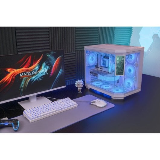 Boîtier de jeu Mars Gaming MC-3TCORELCDM Micro-ATX avec écran IPS 7,2" et triple verre trempé, blanc