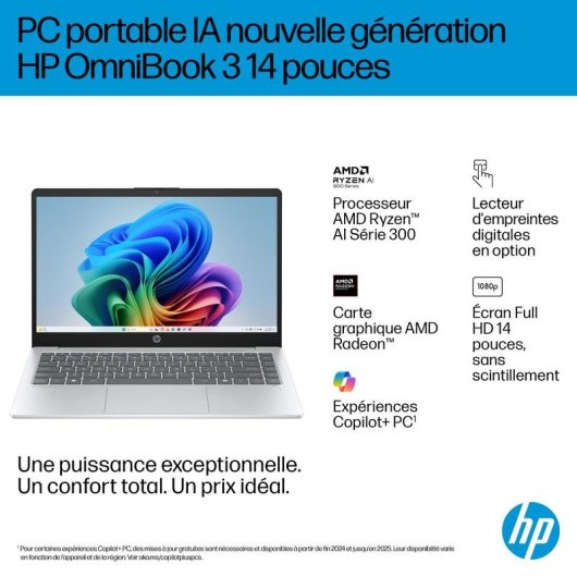 Portable HP OmniBook 3 14-ha0010nf 14" AMD Ryzen AI 7 350 16GB 1TB SSD Copilot+ Wi-Fi 6