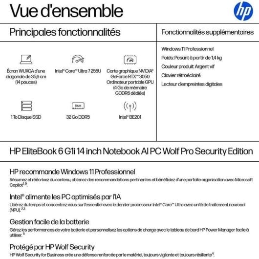 Ordinateur portable HP EliteBook 6 G1i 14" Intel Core Ultra 7 255U 32GB 1TB SSD Intel Graphics Windows 11 Pro