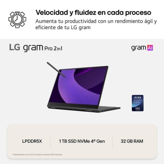 Portátil LG Gram Pro 2-en-1 16T90TP-K 16" Intel Core Ultra 7 32GB 1TB SSD OLED Touch Stylus