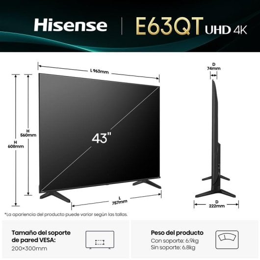 Hisense LED 43E63QT 43" 4K UHD Smart TV VIDAA HDR Dolby Vision