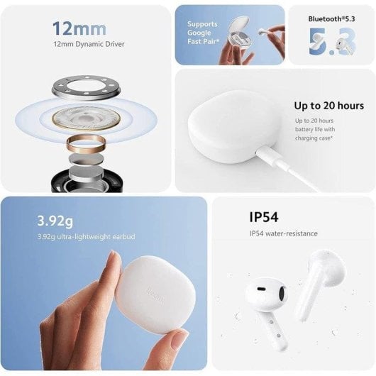 Auriculaires Xiaomi Redmi Buds 4 Lite sans fil Bluetooth 5.3 avec réduction de bruit ENC blancs