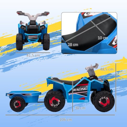 Homcom Quad Eléctrico Para Niños Con Remolque 106x41,5x48,5 Cm Azul