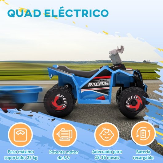 Homcom Quad Eléctrico Para Niños Con Remolque 106x41,5x48,5 Cm Azul