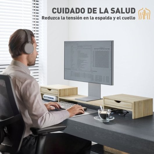 Homcom Elevador Monitor Ángulo Y Longitud Ajustable Con 2 Cajones Roble