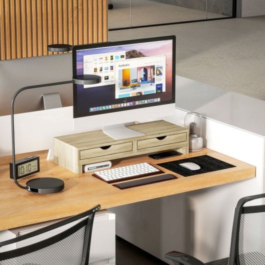 Homcom Elevador Monitor Ángulo Y Longitud Ajustable Con 2 Cajones Roble