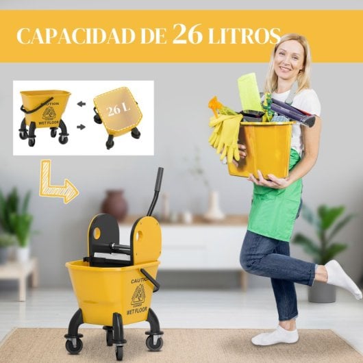 Homcom Cubo De Fregona Con Ruedas Escurridor Desmontable Capacidad 26l Amarillo