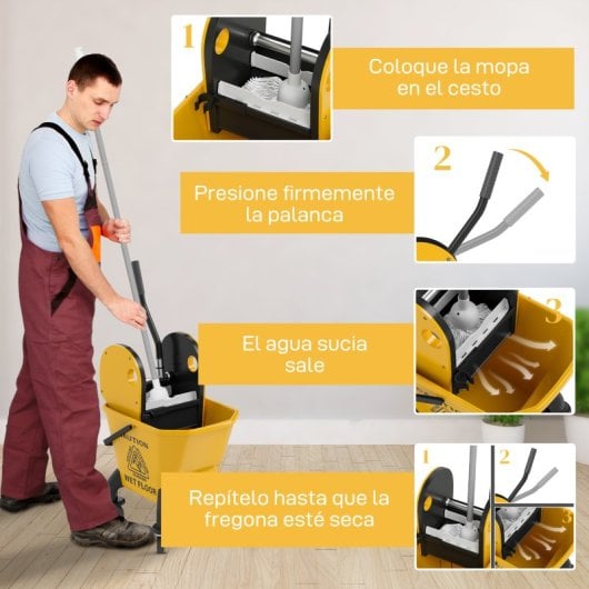 Homcom Cubo De Fregona Con Ruedas Escurridor Desmontable Capacidad 26l Amarillo