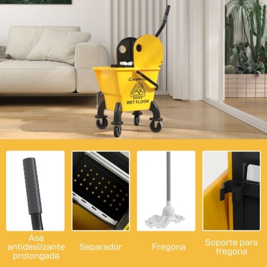 Homcom Cubo De Fregona Con Ruedas Escurridor Desmontable Capacidad 26l Amarillo