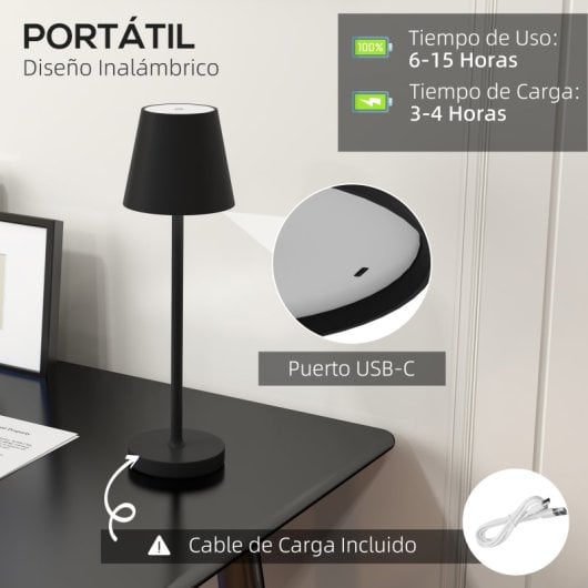 Homcom Lámpara De Mesita De Noche Inalámbrica Recargable Ø11,2x36,5cm Negro