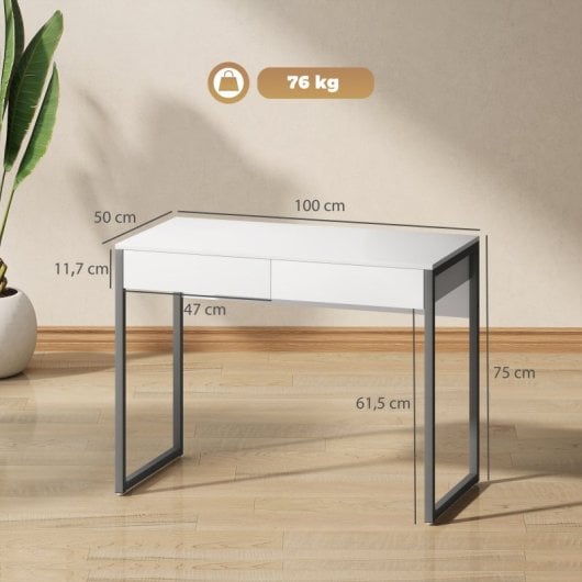 Homcom Escritorio Con 2 Cajones 100x50x75 Cm Mesa De Ordenador Blanco Brillante