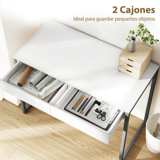Homcom Escritorio Con 2 Cajones 100x50x75 Cm Mesa De Ordenador Blanco Brillante