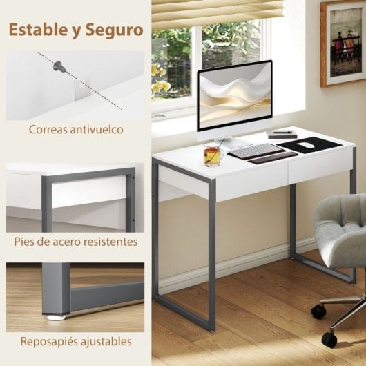 Homcom Escritorio Con 2 Cajones 100x50x75 Cm Mesa De Ordenador Blanco Brillante