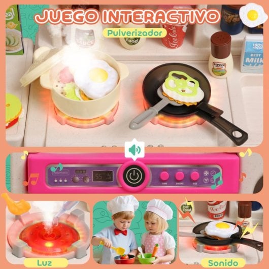 Aiyaplay Cocina De Juguete Con Luces Sonido Accesorios Fregadero Rosa
