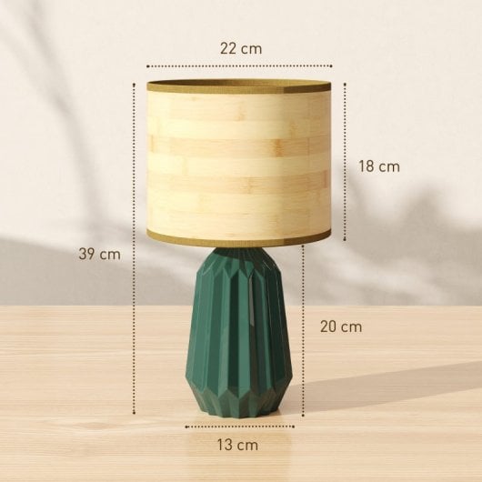 Homcom Lámpara De Mesa Base Cerámica Pantalla Lino 40w Verde Y Madera Natural