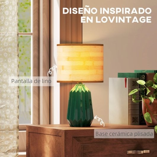 Homcom Lámpara De Mesa Base Cerámica Pantalla Lino 40w Verde Y Madera Natural