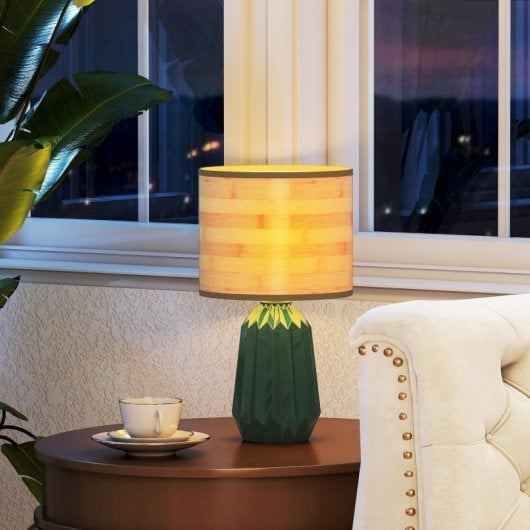 Homcom Lámpara De Mesa Base Cerámica Pantalla Lino 40w Verde Y Madera Natural