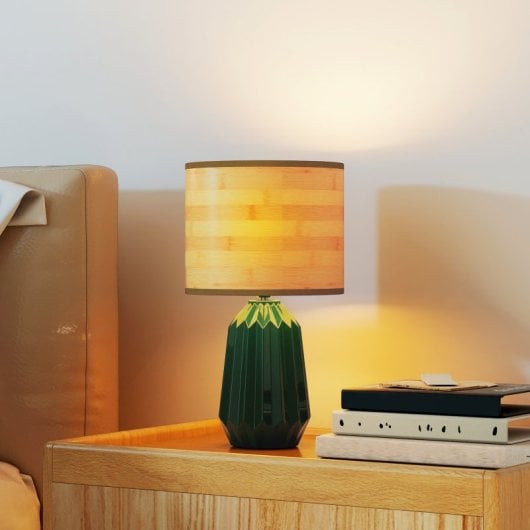 Homcom Lámpara De Mesa Base Cerámica Pantalla Lino 40w Verde Y Madera Natural