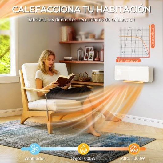 Homcom Calefactor Eléctrico Bajo Consumo De Pared 2000w Con 3 Modos Pantalla Led