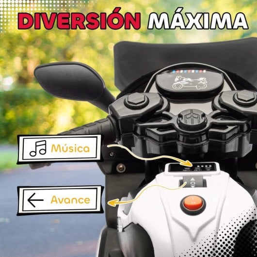 Moto elétrica infantil Aiyaplay 6V com rodas de apoio e música, branca.