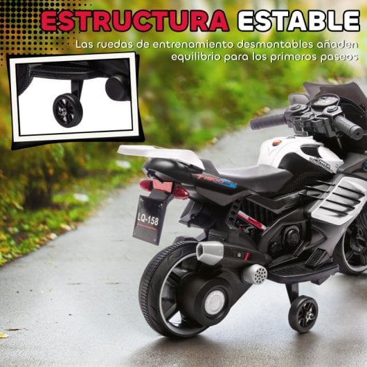 Moto elétrica infantil Aiyaplay 6V com rodas de apoio e música, branca.