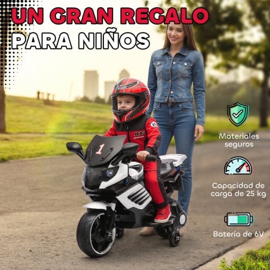 Moto elétrica infantil Aiyaplay 6V com rodas de apoio e música, branca.