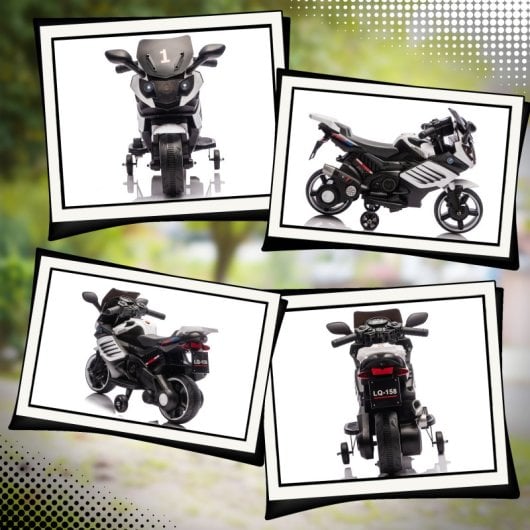 Moto elétrica infantil Aiyaplay 6V com rodas de apoio e música, branca.