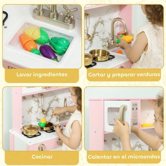 Aiyaplay Cocina De Juguete De Madera Con Sonido Verduras Para Cortar Rosa