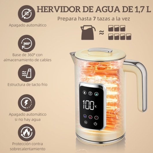 Homcom Set Hervidor De Agua 1,7l 2200w Y Tostadora Pan 6 Niveles Tostado Crema