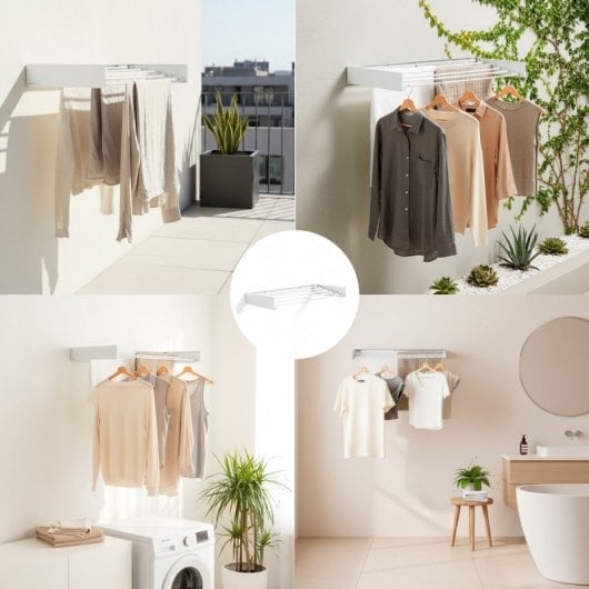 Étendoir à linge mural pliable Innovagoods Dryva 80, extensible et rétractable, blanc, 80 x 9,5 x 2,3 cm
