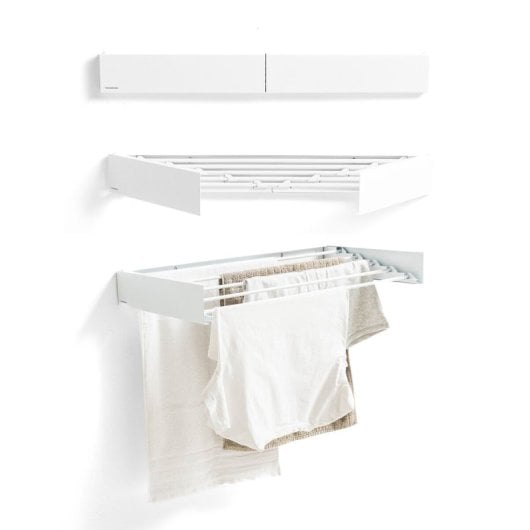 Étendoir à linge mural pliable Innovagoods Dryva 80, extensible et rétractable, blanc, 80 x 9,5 x 2,3 cm