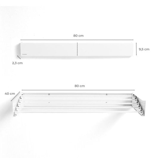 Étendoir à linge mural pliable Innovagoods Dryva 80, extensible et rétractable, blanc, 80 x 9,5 x 2,3 cm