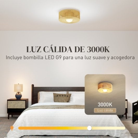 Homcom Lámpara De Techo Led 20w 3000 K Con Pantalla De Cuerda De Lino Marrón