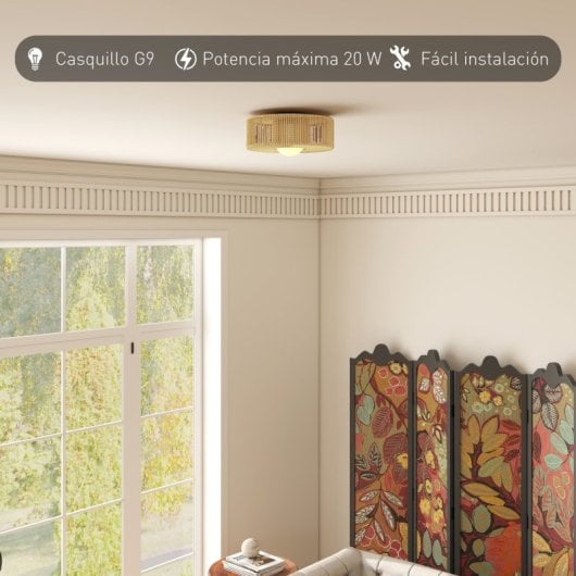 Homcom Lámpara De Techo Led 20w 3000 K Con Pantalla De Cuerda De Lino Marrón