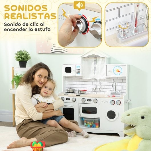 Aiyaplay Cocina De Juguete De Madera Con Sonido Y Cortinas Blanco