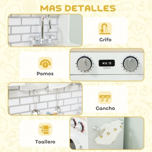 Aiyaplay Cocina De Juguete De Madera Con Sonido Y Cortinas Blanco
