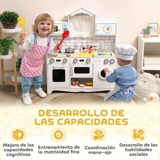 Aiyaplay Cocina De Juguete De Madera Con Sonido Y Cortinas Blanco