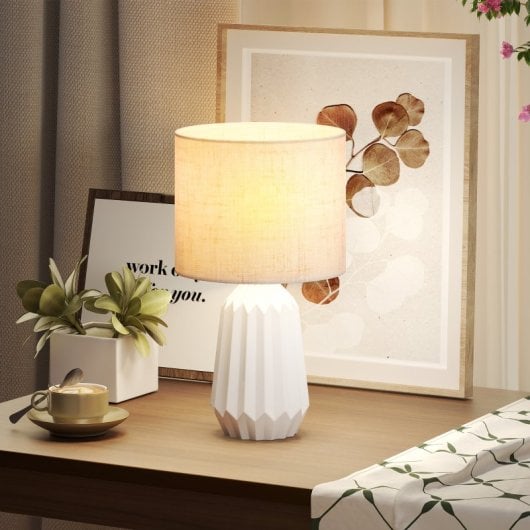 Homcom Lámpara De Mesa Base Cerámica Pantalla Lino 40w Blanco Y Beige