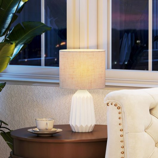 Homcom Lámpara De Mesa Base Cerámica Pantalla Lino 40w Blanco Y Beige