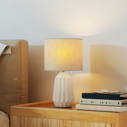 Homcom Lámpara De Mesa Base Cerámica Pantalla Lino 40w Blanco Y Beige