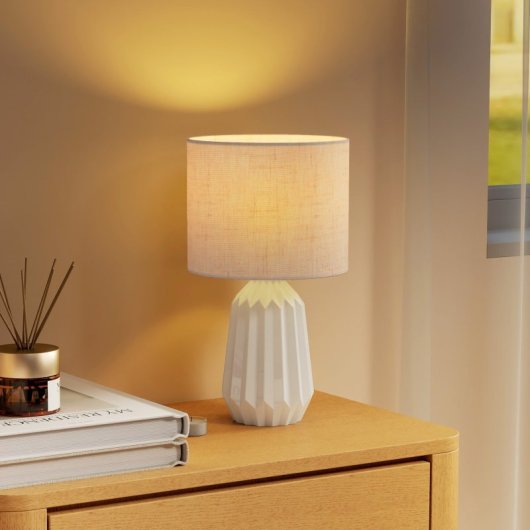 Homcom Lámpara De Mesa Base Cerámica Pantalla Lino 40w Blanco Y Beige