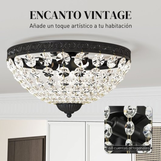 Homcom Lámpara De Techo De Cristal Clásica Con 2 Casquillos E14 40w Negro