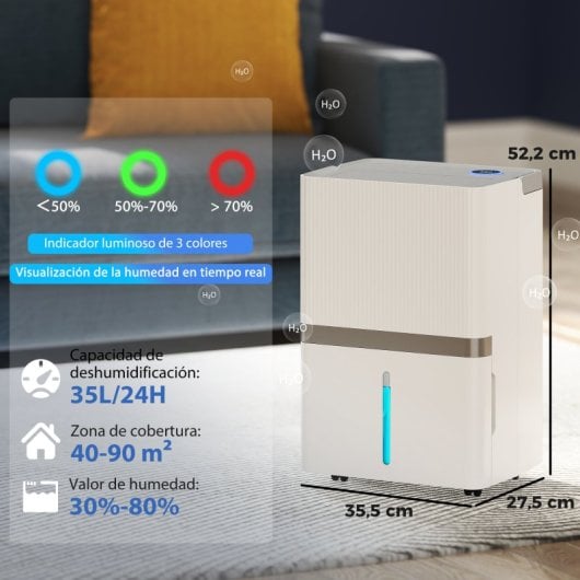 Desumidificador Homcom 35l/dia para áreas de 40-90m² com reservatório de 5,5 litros, branco.