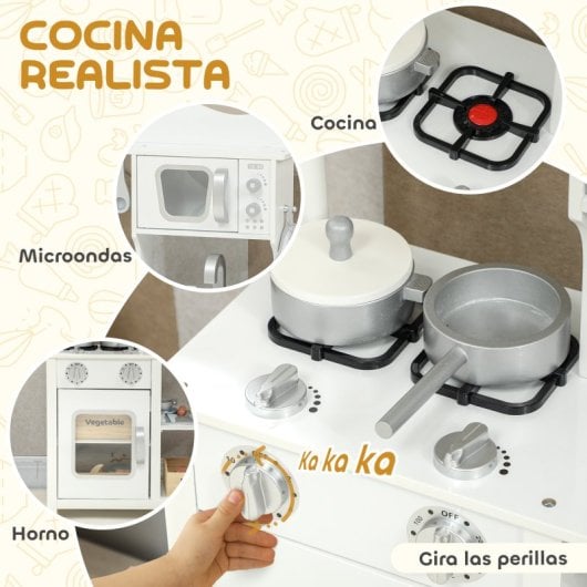 Aiyaplay Cocina De Juguete De Madera Con Sonido Fregadero Microondas Blanco