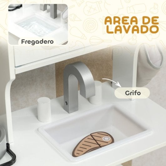 Aiyaplay Cocina De Juguete De Madera Con Sonido Fregadero Microondas Blanco