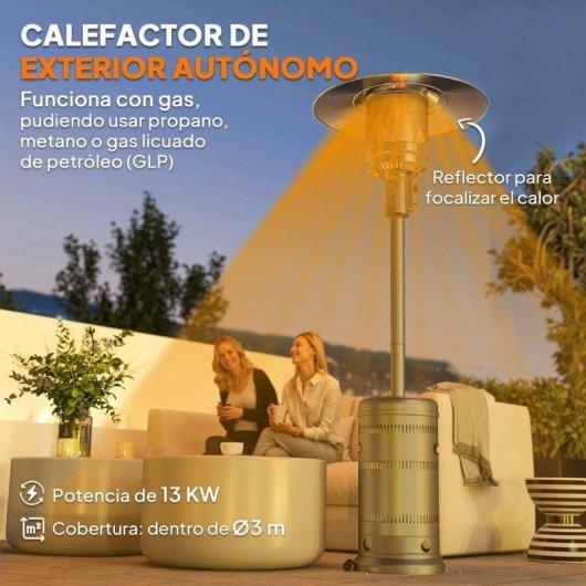 Outsunny Estufa De Gas Butano 13 Kw Con Sistema Antivuelco Y Ruedas Gris