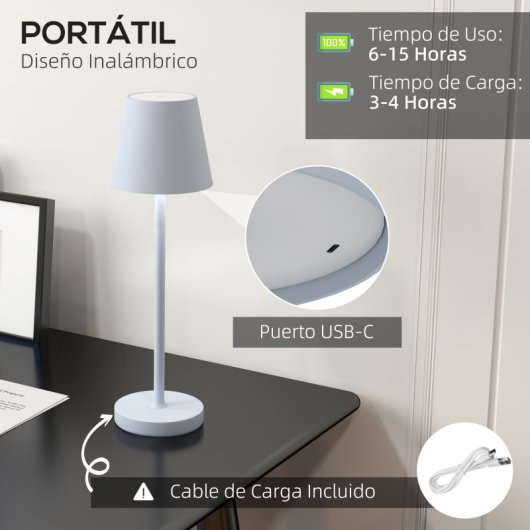 Homcom Lámpara De Mesita De Noche Inalámbrica Usb-c Recargable Ø11,2x36,5cm Gris