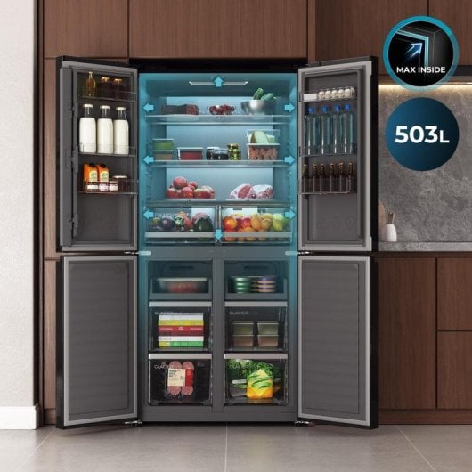 Frigorífico Cuatro Puertas Cecotec Bolero CoolMarket 4D 503 No Frost 177.5cm 503L E Negro Cristal Display Inverter