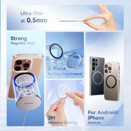 Anillo Magnético Universal Vention KQOB0 Pack 2 Ultra Fino Plata Adhesivo